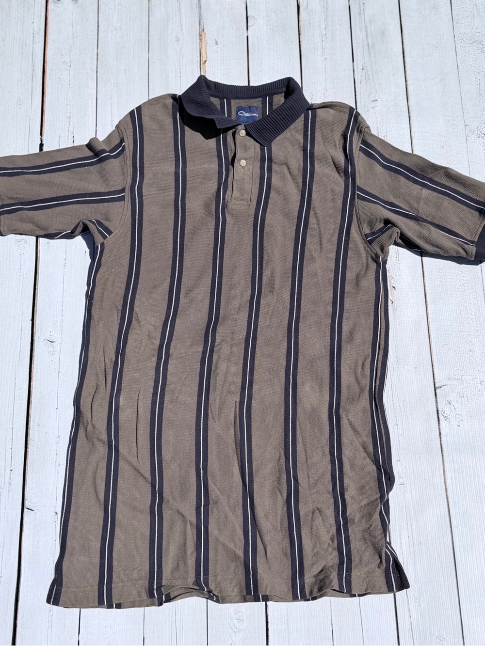 Catalina Men's Vertical Stripe Polo - Khaki & Navy